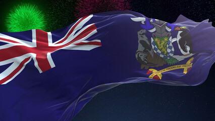 Fototapeta premium South Georgia and the South Sandwich Islands flag - Waving flag on celebrating fireworks for national holiday day. Ceremony for patriotic celebration of nation 