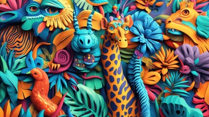 Obraz premium Vibrant animal textures in 3D, high quality, colorful relief pattern, sharp details with a stylized wildlife motif.