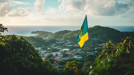 The Flag of Saint Vincent and the Grenadines Fluttering Gracefully atop a Serene Hill