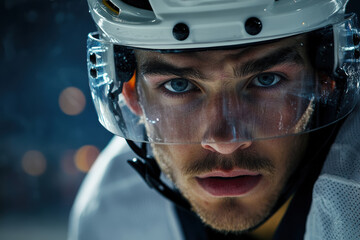 male ice hockey player is shown up close in full gear, his focused expression perfect for advertising sports equipment and safety gear.