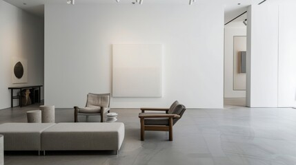 A sleek and modern lounge space featuring a white canvas backdrop, Showcasing curated minimalist furnishings with artistic flair, Contemporary gallery-style design