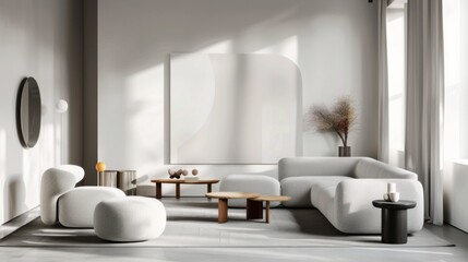 A sleek and modern lounge space featuring a white canvas backdrop, Showcasing curated minimalist furnishings with pops of color, Artistic contemporary style