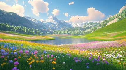Fototapeta premium Vivid 3D meadow landscape, high-quality relief, colorful hills, and flat terrain for a bright, natural scene.