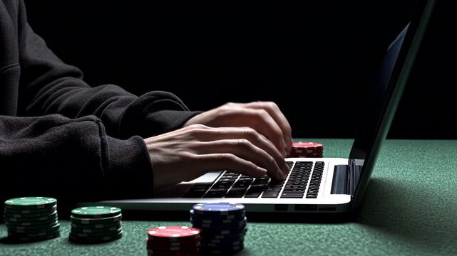 A person is playing online poker on a laptop computer, with stacks of chips next to the laptop