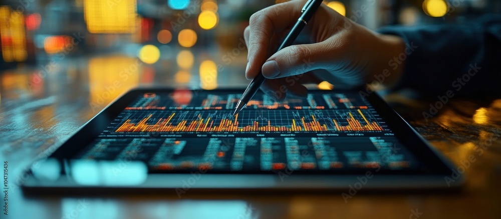 Poster a hand uses a pen on a tablet displaying financial data and charts.