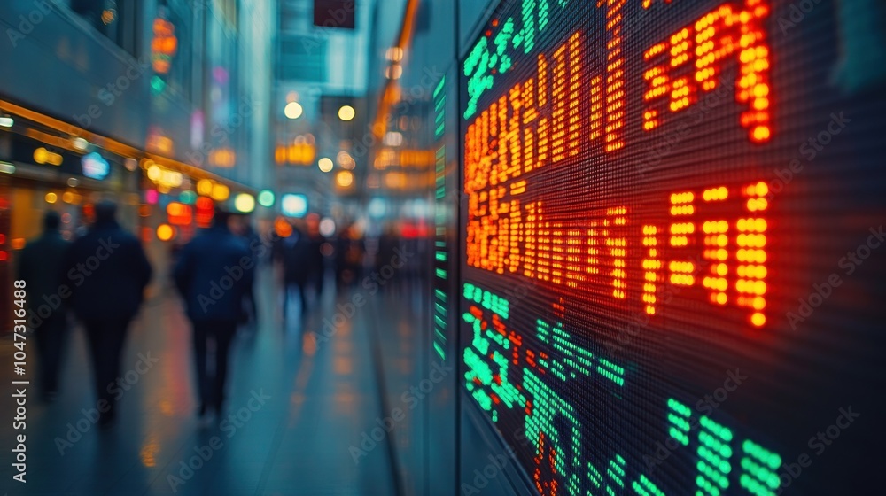 Aufkleber a digital display shows stock market data with blurred figures walking in a busy urban setting.