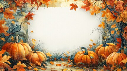 Autumn Pumpkins with Colorful Fall Leaves Background