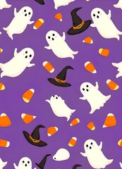  Halloween pattern with ghosts, witches’ hats, and candy corn scattered on a purple background.