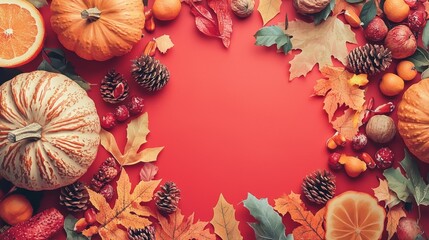 Autumn Harvest Decoration with Colorful Leaves and Fruits
