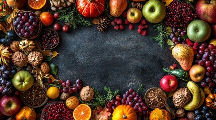 Colorful Harvest Display of Fresh Fruits and Nuts