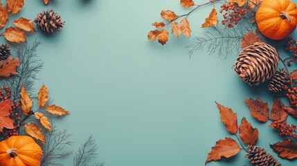 Autumn Leaves and Pumpkins on Blue Background
