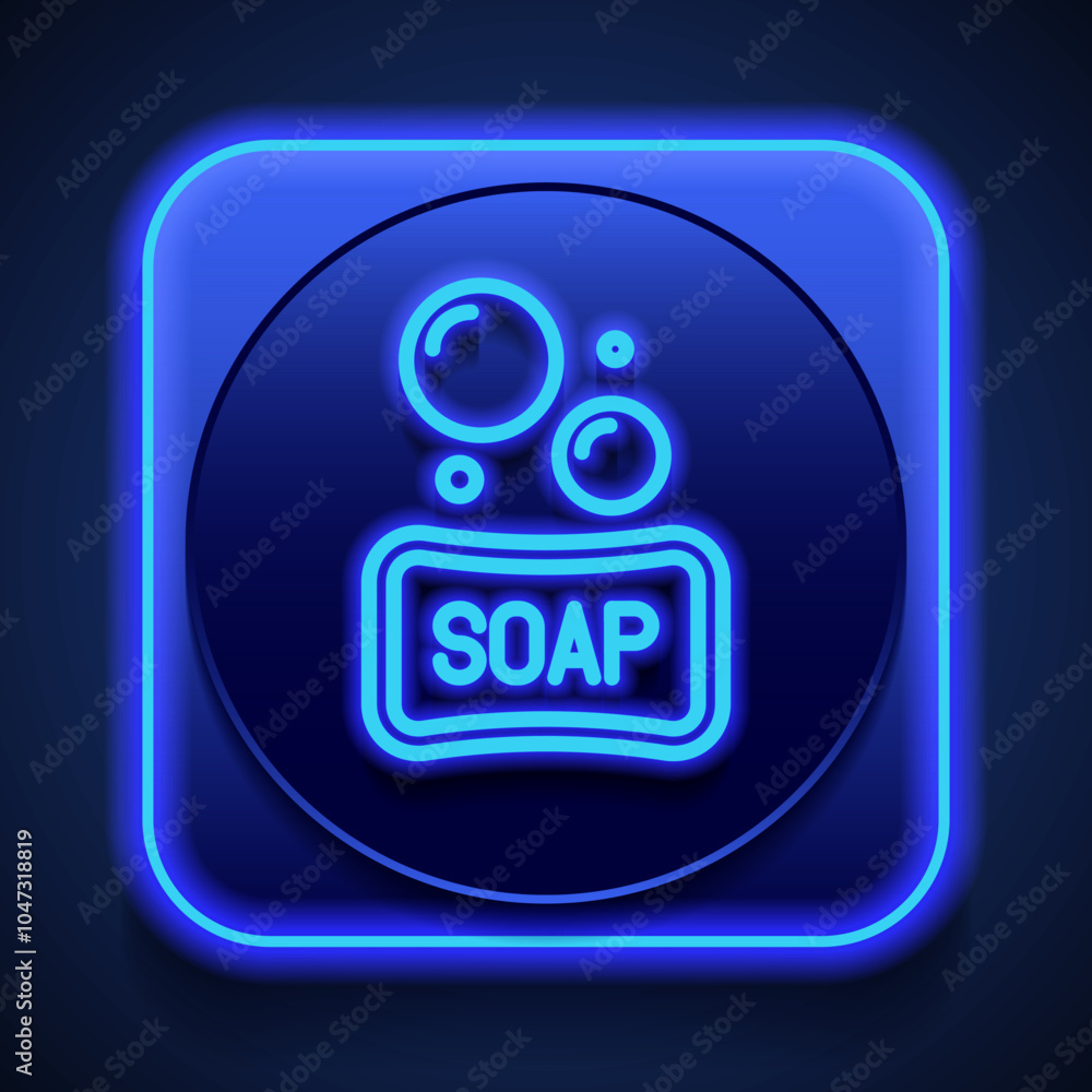 Poster soap with bubbles simple icon vector. flat design. blue neon style on button. with shadow