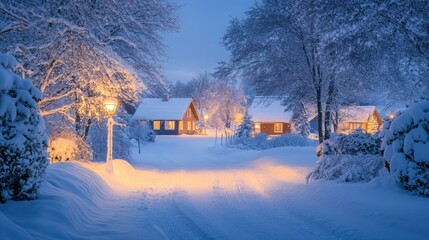 Winter path through snowy village, cottages in the background, soft light illuminating the scene.