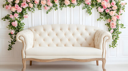 Floral Wallpaper Featuring Modern Flowers with Sofa: A Stylish Living Space Decorated with Contemporary Floral Designs