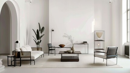 A sleek and sophisticated living room design featuring a white canvas backdrop, Carefully arranged minimalist furnishings, Modern glam style