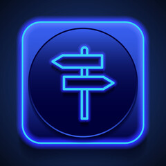 Signpost simple icon vector. Flat design. Blue neon style on button. With shadow