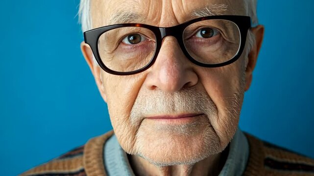 An older man with glasses looks directly at the camera