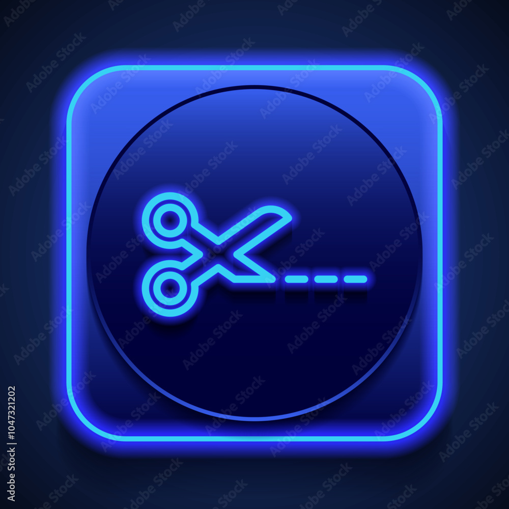 Poster scissors and cut line simple icon vector. flat design. blue neon style on button. with shadow