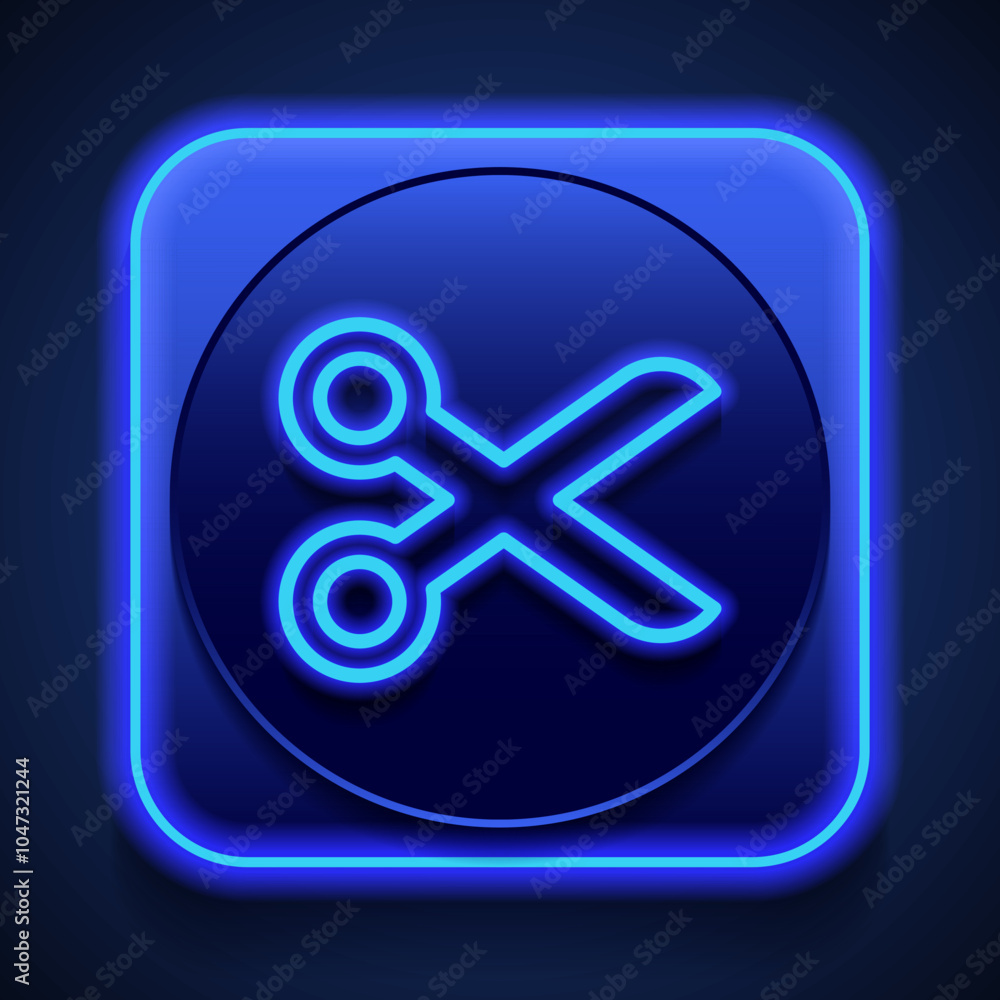 Poster scissors simple icon vector. flat design. blue neon style on button. with shadow