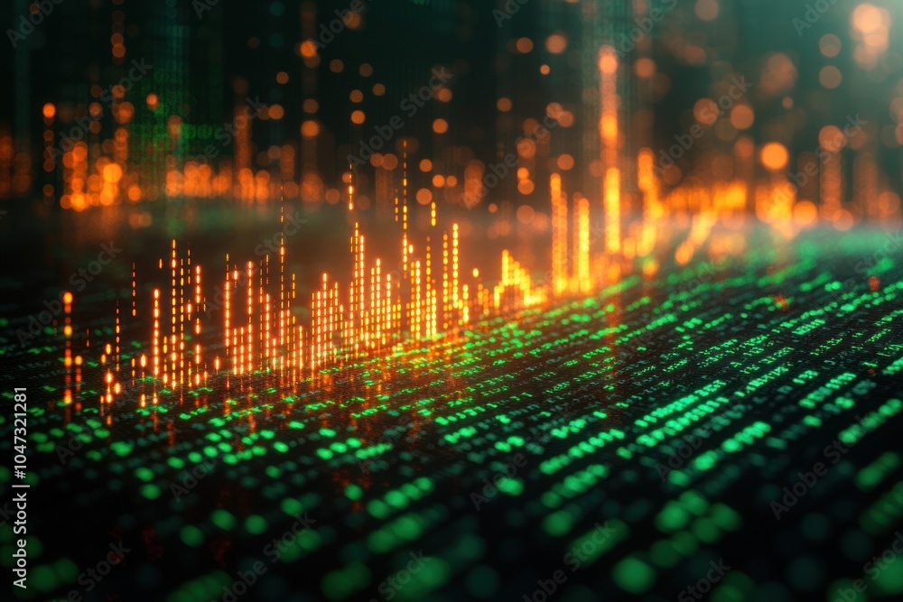 Poster abstract digital visualization of data with glowing green and orange elements.