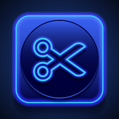 Scissors simple icon vector. Flat design. Blue neon style on button. With shadow