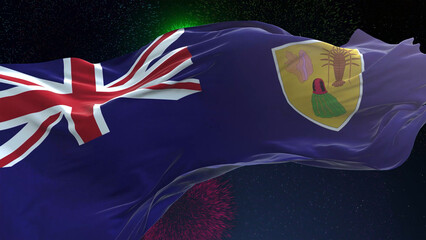 Turks and Caicos Islands flag - Waving flag on celebrating fireworks for national holiday day....