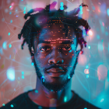 black man's face in a virtual programming and coding environment
