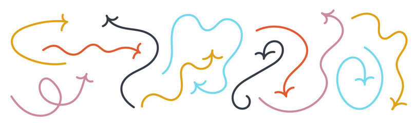 Set of various hand drawn vector design arrows doodle on transparent background. Collection of brush drawn colorful arrows in the form of airplanes. Template element childish naive doodle vector art