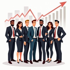 A diverse group of professionals standing confidently together in business attire against a backdrop of rising graphs, symbolizing success
