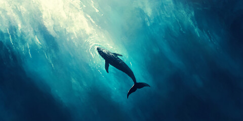 A powerful and emotional image showing a majestic whale swimming peacefully in the ocean, surrounded by a serene blue background.