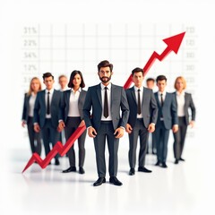 A diverse group of professionals in business attire stands confidently with a rising graph symbolizing growth and success in the corporate world