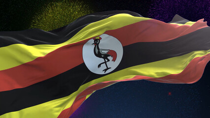 Uganda flag - Waving flag on celebrating fireworks for national holiday day. Ceremony for patriotic...