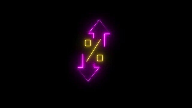 Glowing purple and yellow neon line cost and reduction concept .Up and down arrow with start up arrow with percentage. 4k 