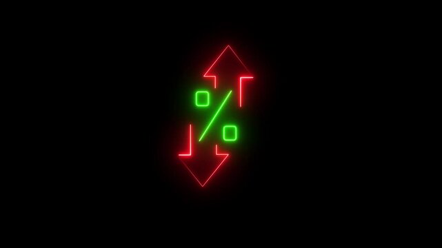 Glowing red and green neon line cost and reduction concept .Up and down arrow with start up arrow with percentage. 4k 