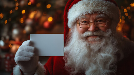 Close-up of Santa Claus's hand holding a blank white postcard