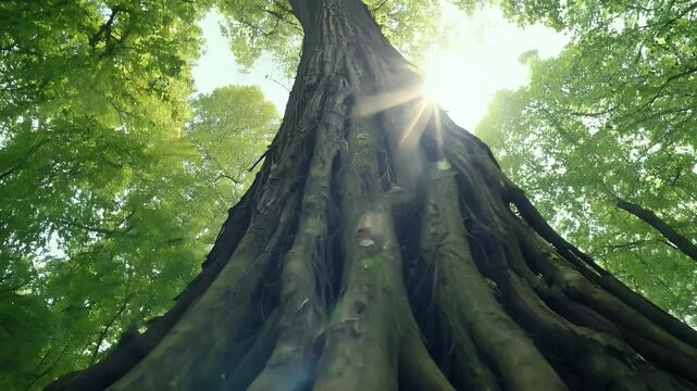 A close-up view of a large tree's roots in a dense forest.