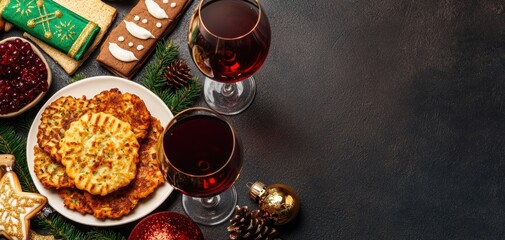 Festive holiday table setting with red wine, cookies, and traditional treats on a dark background.