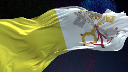 Vatican City Holy See flag - Waving flag on celebrating fireworks for national holiday day....