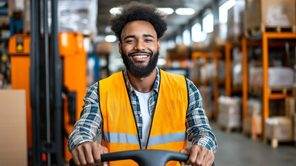 Efficient warehouse worker smiling while operating pallet jack in busy storage area. bright orange vest adds to cheerful atmosphere of workplace