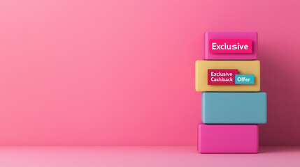 Fototapeta premium Exclusive cashback offer signs stacked against vibrant pink background create visually appealing display. bright colors and bold text evoke excitement and draw attention to promotional message