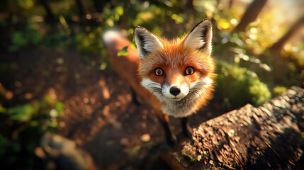 Fototapeta premium Banner showing curious fox observing forest surroundings vibrant greenery sunlight warm ambiance inquisitive expression woodlands