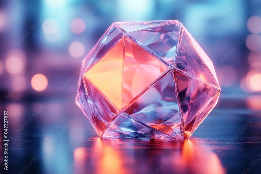 Poster a translucent geometric shape with vibrant lighting, creating an artistic and modern display.
