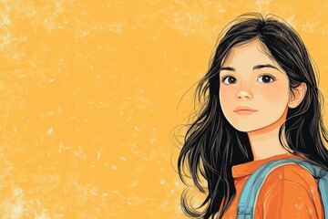 Young girl with backpack on yellow background