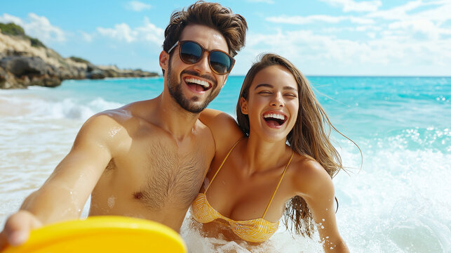 Happy couple enjoying sunny day at beach, sharing laughter and fun while playing with frisbee in water. Their carefree spirit radiates joy