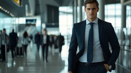 A German man with light brown hair, dressed in a business suit with a navy tie, black dress shoes, and a silver wristwatch, pacing back and forth in an airport terminal, his posture tense, full-body