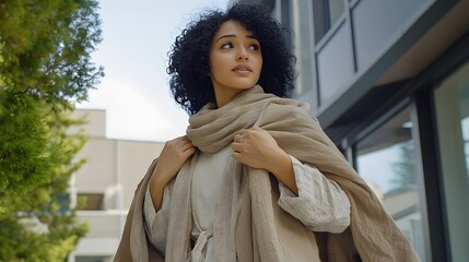 An Egyptian woman with black curly hair, wearing a hijab, tunic, and sandals, nervously adjusting her jacket outside a hospital, her hands trembling slightly, full-body shot, 4K resolution