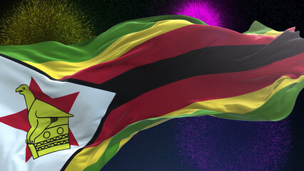 Zimbabwe flag - Waving flag on celebrating fireworks for national holiday day. Ceremony for...