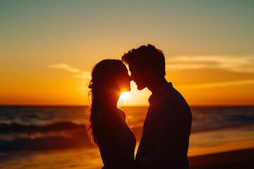 Romantic couple silhouette at sunset beach
