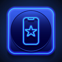 Mobile phone with star, app rate simple icon vector. Flat design. Blue neon style on button. With shadow
