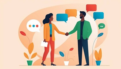 Contemporary art collage. Two young people standing in speech bubbles and shaking hands. Meeting an make deals online. Concept of partnership, business acquisition, deals, cooperation, teamwork.	
